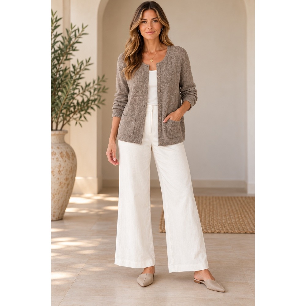 Eileen Fisher Silk Blend Cardigan Sweater Taupe Large Minimalist Quiet Luxury